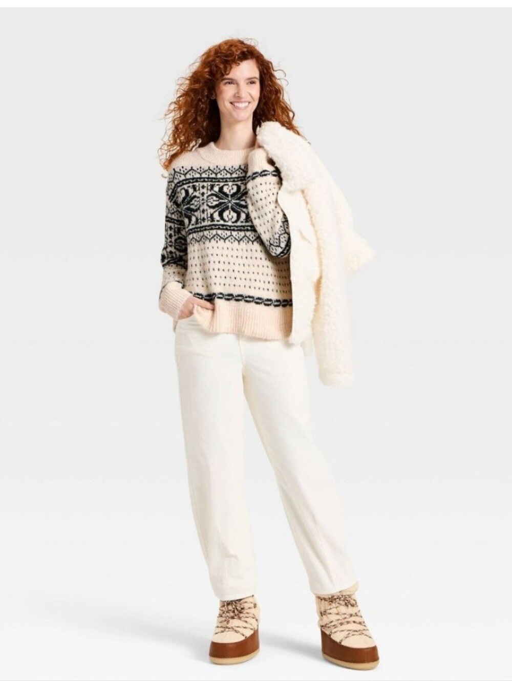 Universal Thread Women's Cozy Alpine Snowflake Crewneck Pullover Sweater ~ Cream